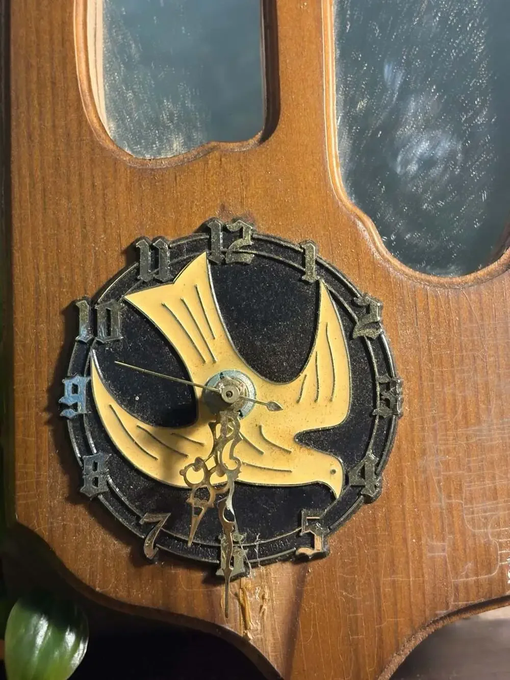 Vintage Handcrafted Wooden Wall Clock with Cross Mirror and Dove Motif